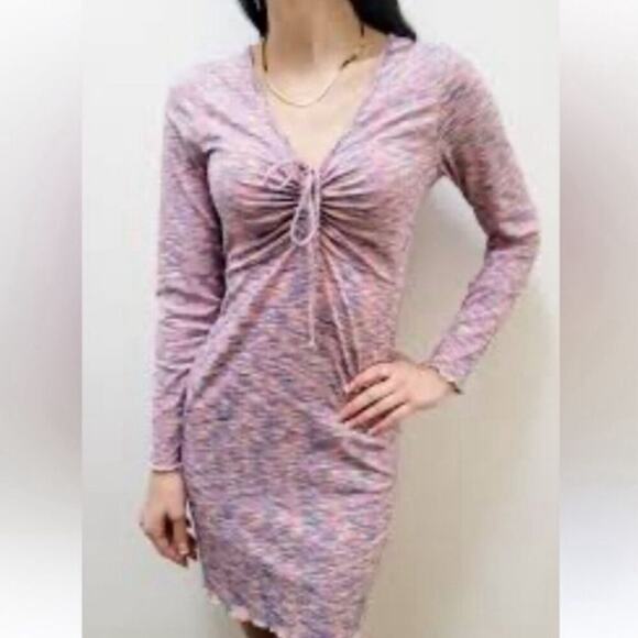 Lisa Says Gah 90s Lotta Dress Berry Pink Bodycon Short Long Sleeve V-Neck XL - Picture 2 of 9